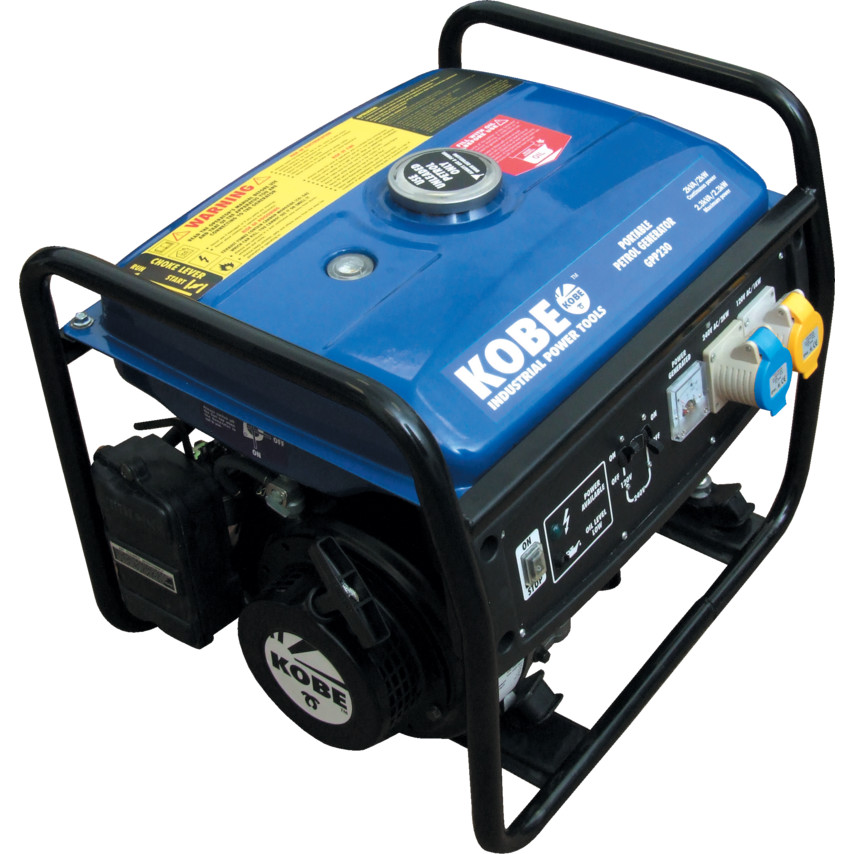 2.3KVA/5.5HP FULL FRAME GENERATOR TANK CAP.12LTR GPP230 - Portable Petrol Generator  Ideal for builders, contractors, mobile caterers, etc.  Powers lighting, freezers, power tools, water pumps and other electrical items.  Brushless alternator type.  2.3kVA/2.3kW maximum power.  2kVA/2kW Continuous power  One 220V AC and one 110V AC outlet.  Voltmeter.  Circuit breakers.  12ltr fuel tank with fuel level indicator.  Approximately 9hrs running time.  Motor: 4-stroke, 6.0hp, OHV, single cylinder, air cooled engine that runs on unleaded petrol.  Low oil alert and shutdown.  Recoil starter.  Anti-vibration mounts. Dimensions (H x W x D): 425 x 515 x 430mm. Weight: 42kg.