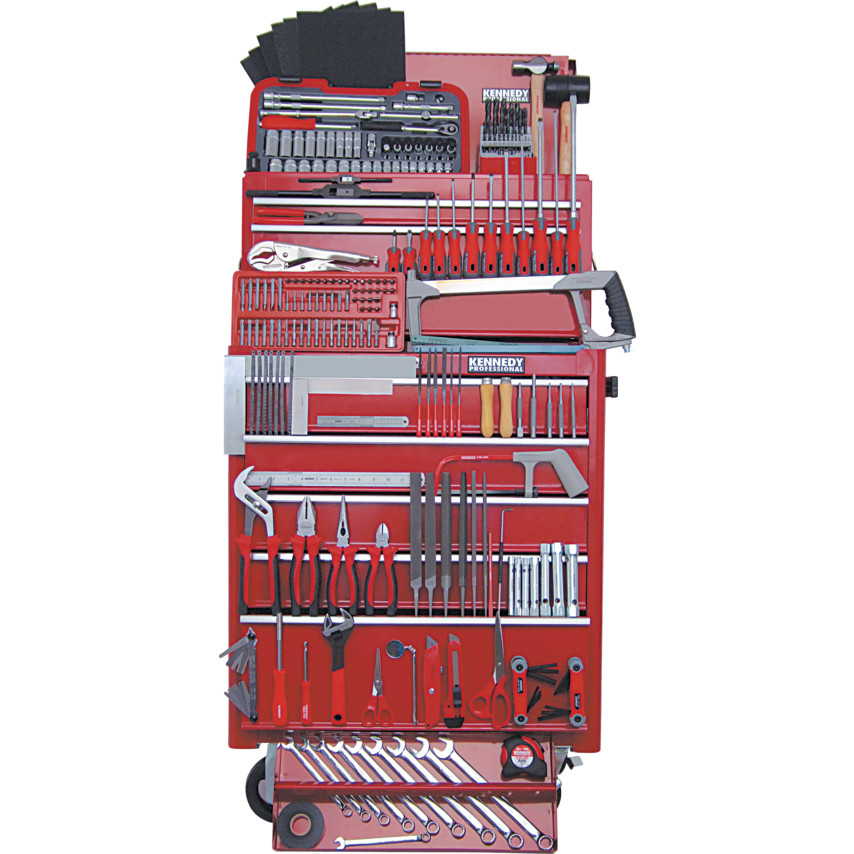 PROFESSIONAL ENGINEERS TOOLKIT 300-PCE
 Supplied in a five drawer professional roller cabinet and a three drawer top chest. Manufactured from heavy gauge steel with double wall construction side panels and welded joints for added rigidity. Coated in a hard wearing epoxy powder. Fully opening drawers for extra accessibility. Quick release smooth running ball bearing drawer slides with double sliders on base drawer. Supplied with top mat and drawer liners. Fully locking. 125 x 50mm heavy duty extra strong castors, fitted with two brakes. Overall dimensions: 890 x 690 x 460mm. Castors are rated to 100kg capacity standing load per castor.
