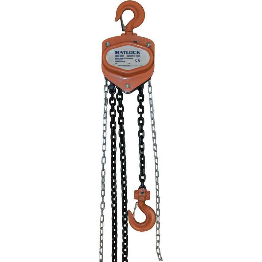 5.0 TON 3MTR HAND CHAIN HOIST C/W OVERLOAD BRAKE Quality made 2.5m and 3m chain hoists with a capacity ranging from ½ to 3 tonnes. Fitted with heat treated and ground, triple-spur geared shaft and pinion. Hooks fitted with robust safety latches and 360 degree rotation. All models include mechanical load brake for extra safety.