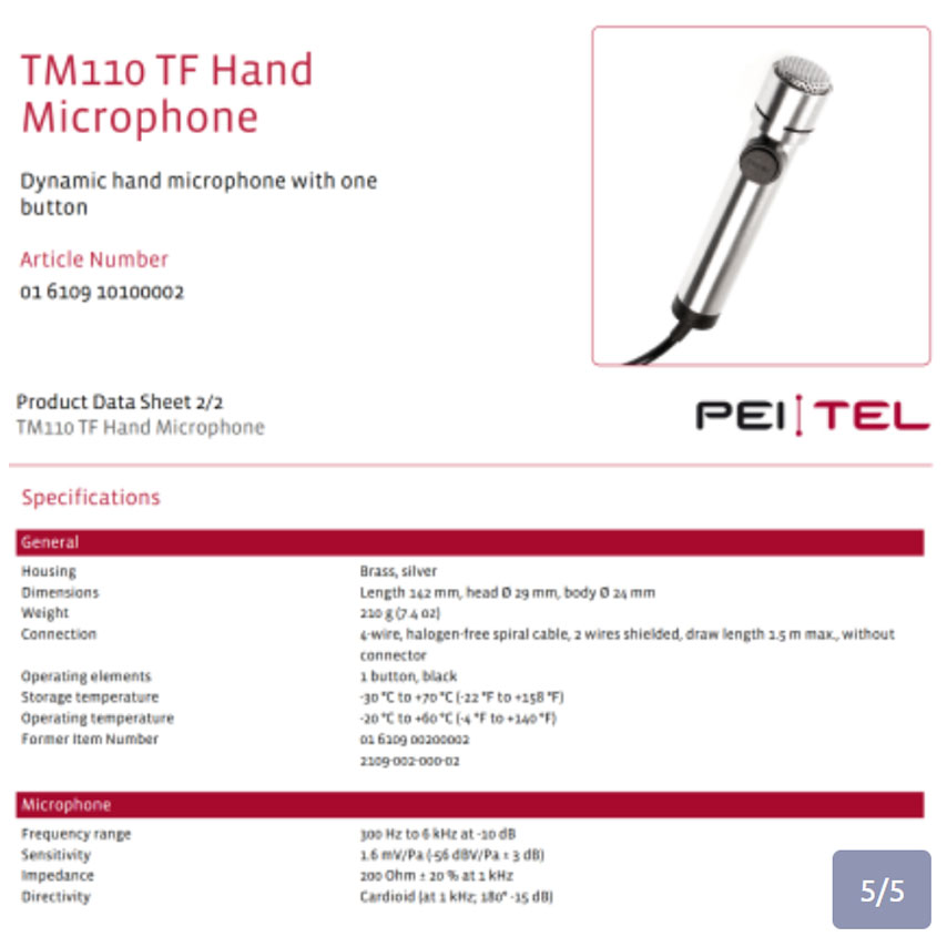 Microphone Peiker TM110 TF, untuk radio VHF airband portable merk BECKER dan DITTEL